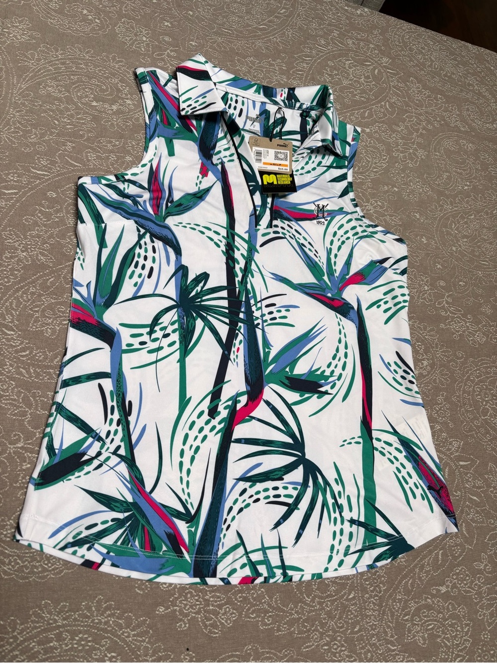 Puma White Tropical Print Short Sleeve Polo